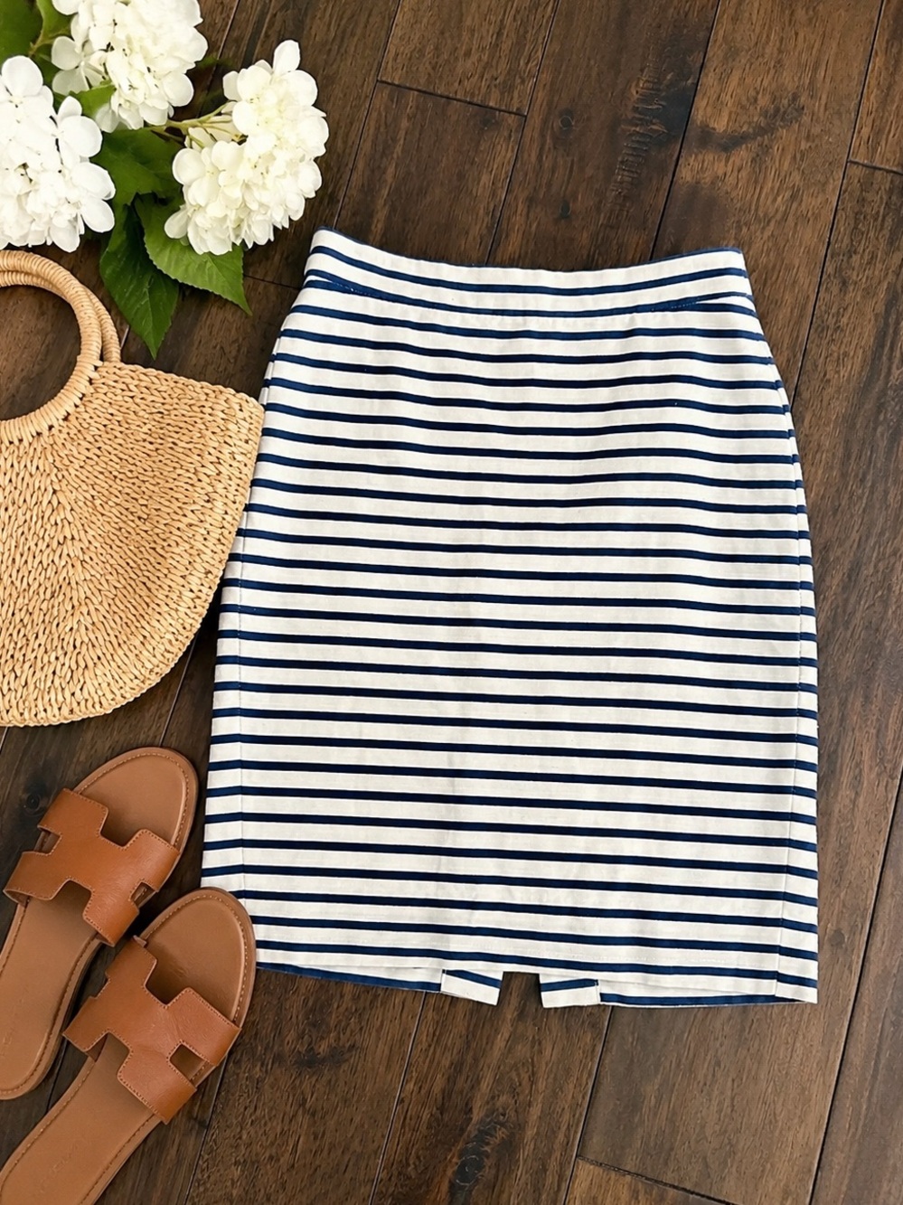 J.Crew Pencil Skirt Size 00 Navy|Ivory Striped Cotton Linen Blend Career Classic